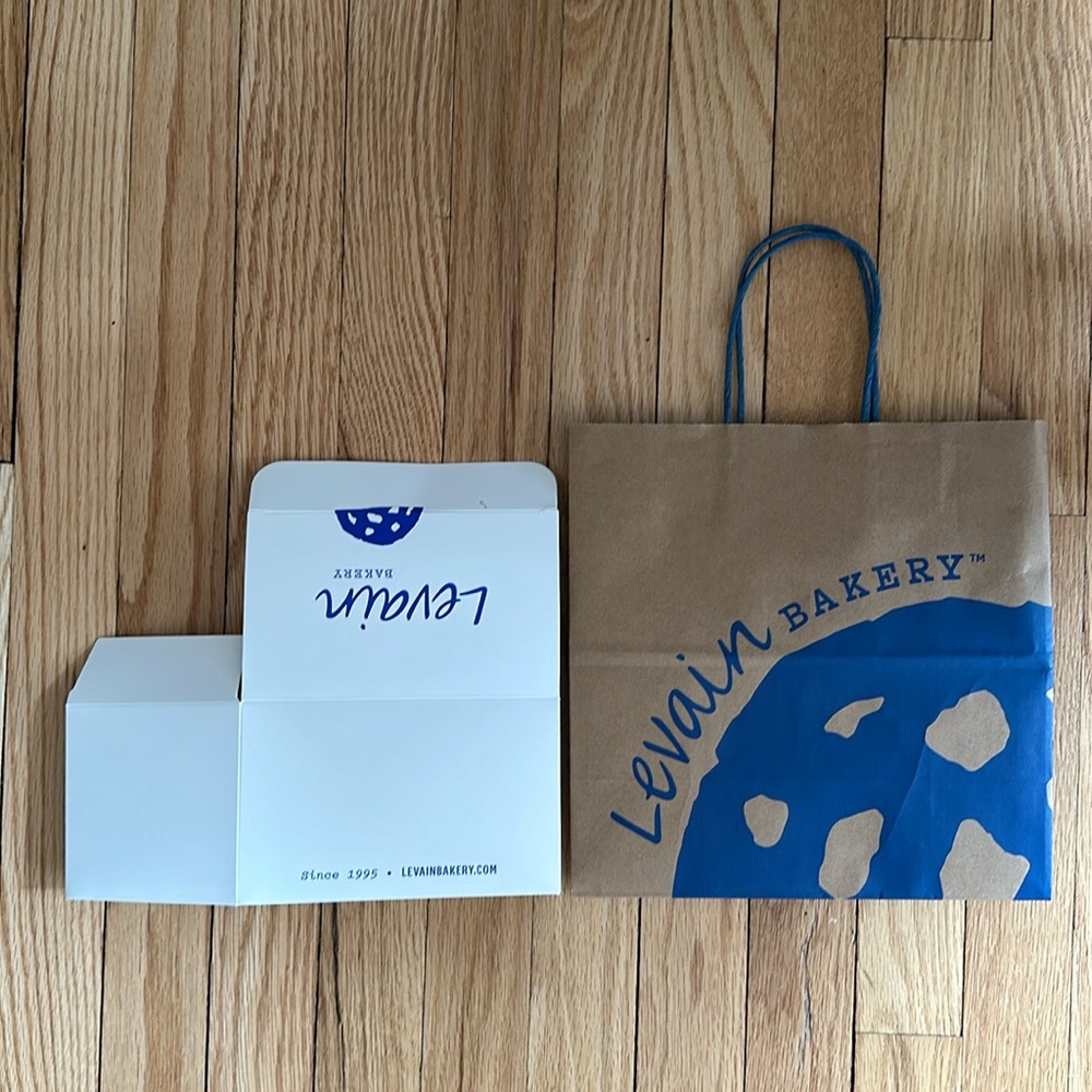 Levain bakery shopping tote and box.